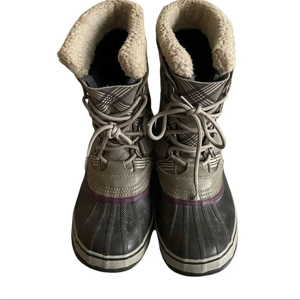 SOREL 1964 PAC Women’s Lace Up Winter Waterproof Snow Boots Grey Purple Plaid 7